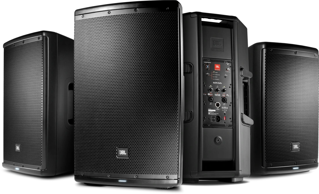 JBL EON615 powered speakers from our rental inventory