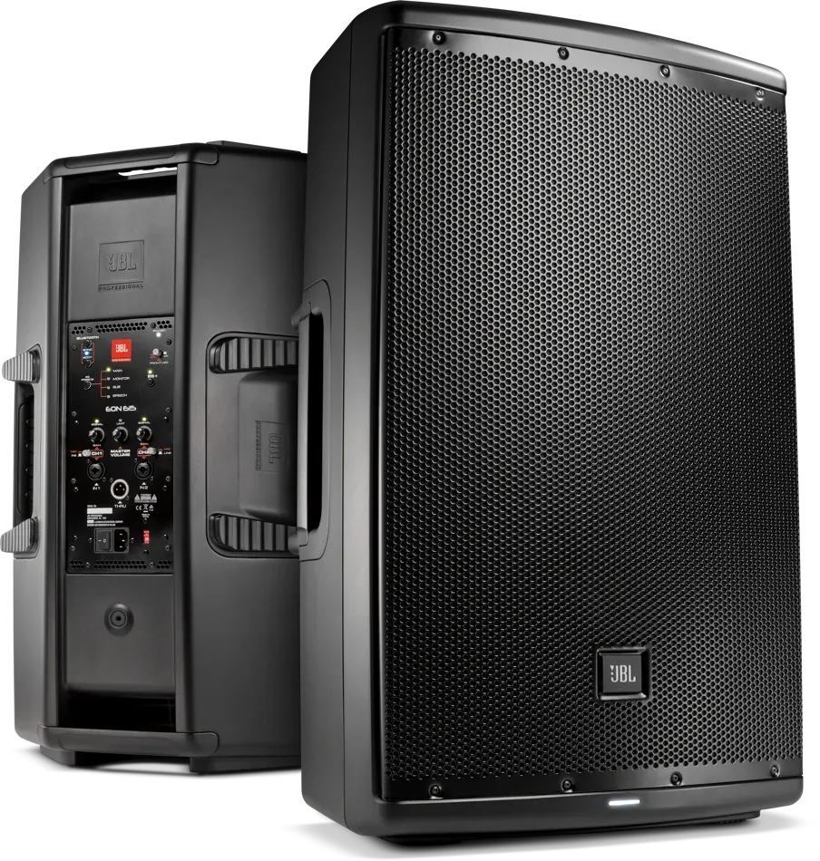 JBL EON615 powered loudspeakers, front and rear views